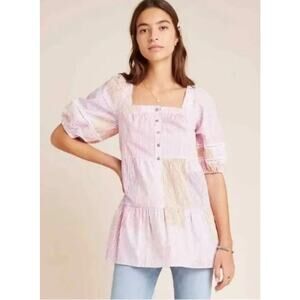 MAEVE by Anthropologie Gable‎ Tiered Striped Square Neck Tunic Top Pink Sz S